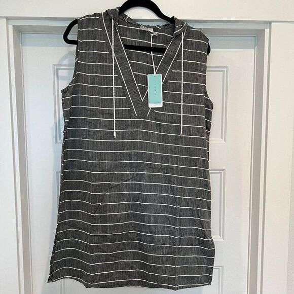 NWT Koy Resort Gray Striped Sleeveless Monterey Hooded Swim Cover-Up, Size Large - Picture 1 of 7